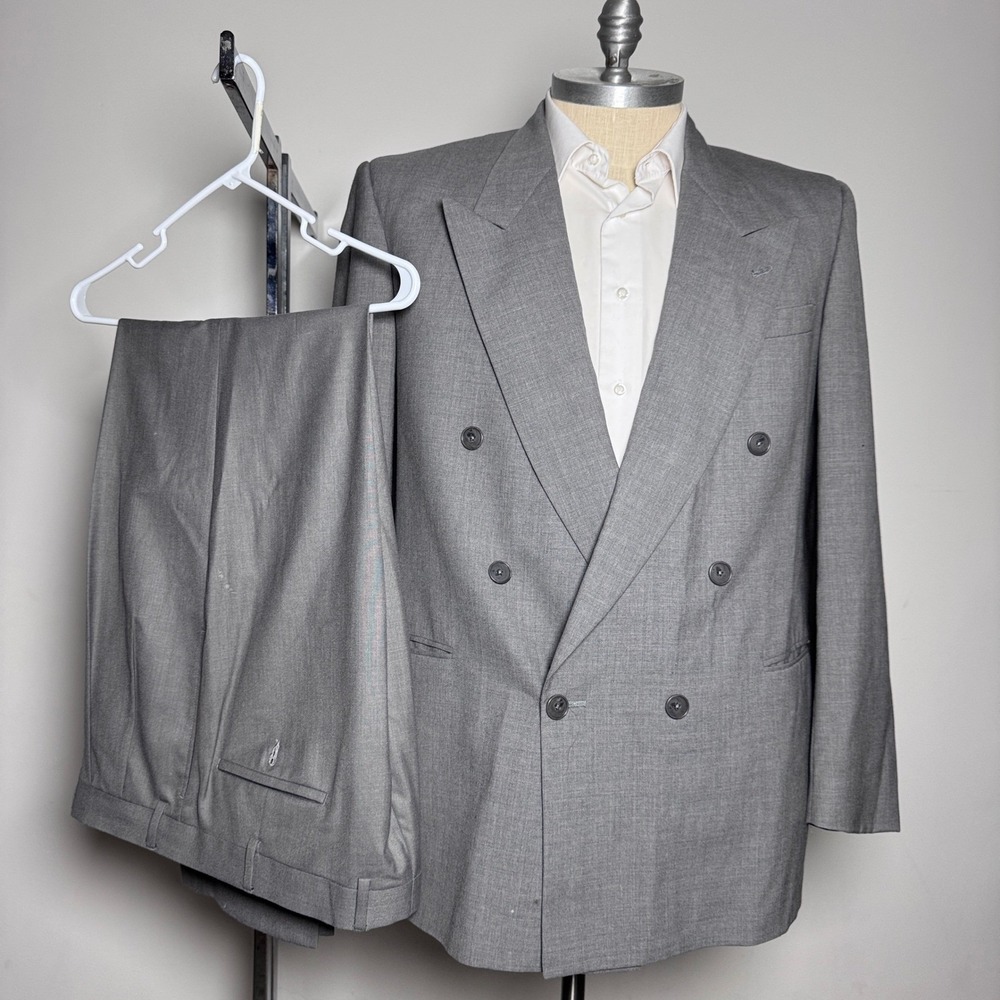 Perry Ellis Suit Mens 42R 38x33 Gray Solid Double Breasted Peak Lapel Vintage